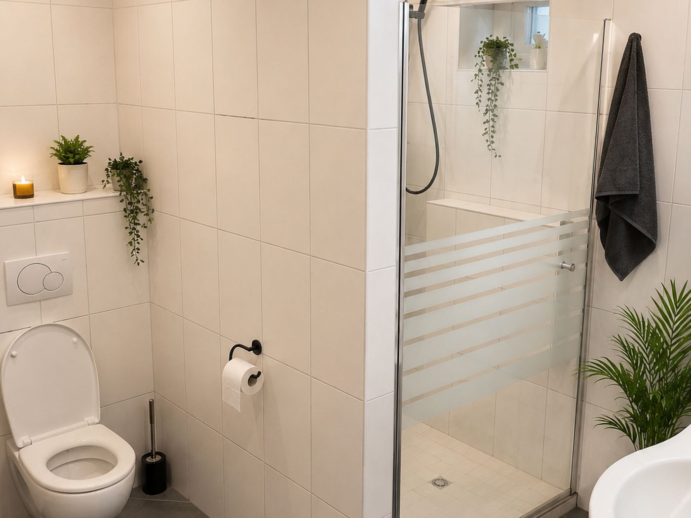 Badezimmer mit WC, Dusche und Waschtisch