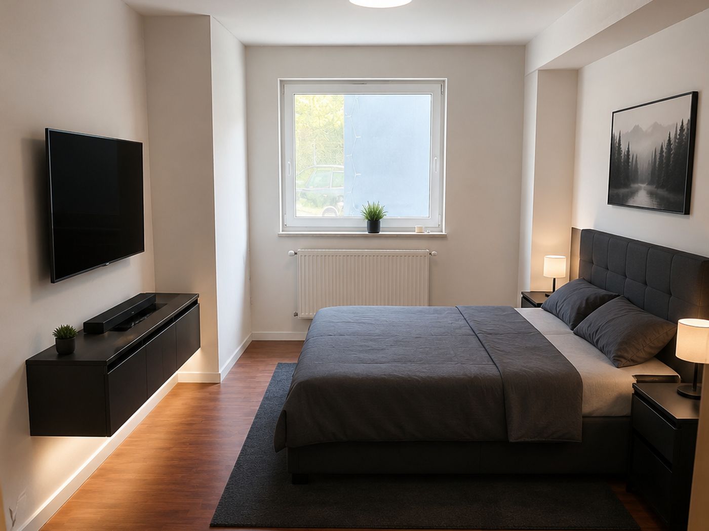 Schlafzimmer mit zwei Einzelbetten, wahlweise als Kingsize-Bett zusammengestellt